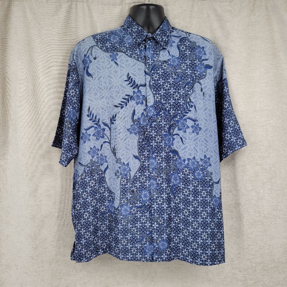 Harni Indonesian Batik Shirt Vintage Men's Blue Floral Button Down Shirt